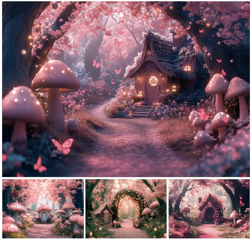 Zauberwald Fotografie Hintergrund Wunderland Rosa Genie Floral Verträumter Pilz Haus Baby Geburtstag Party Foto Hintergrund Dekor