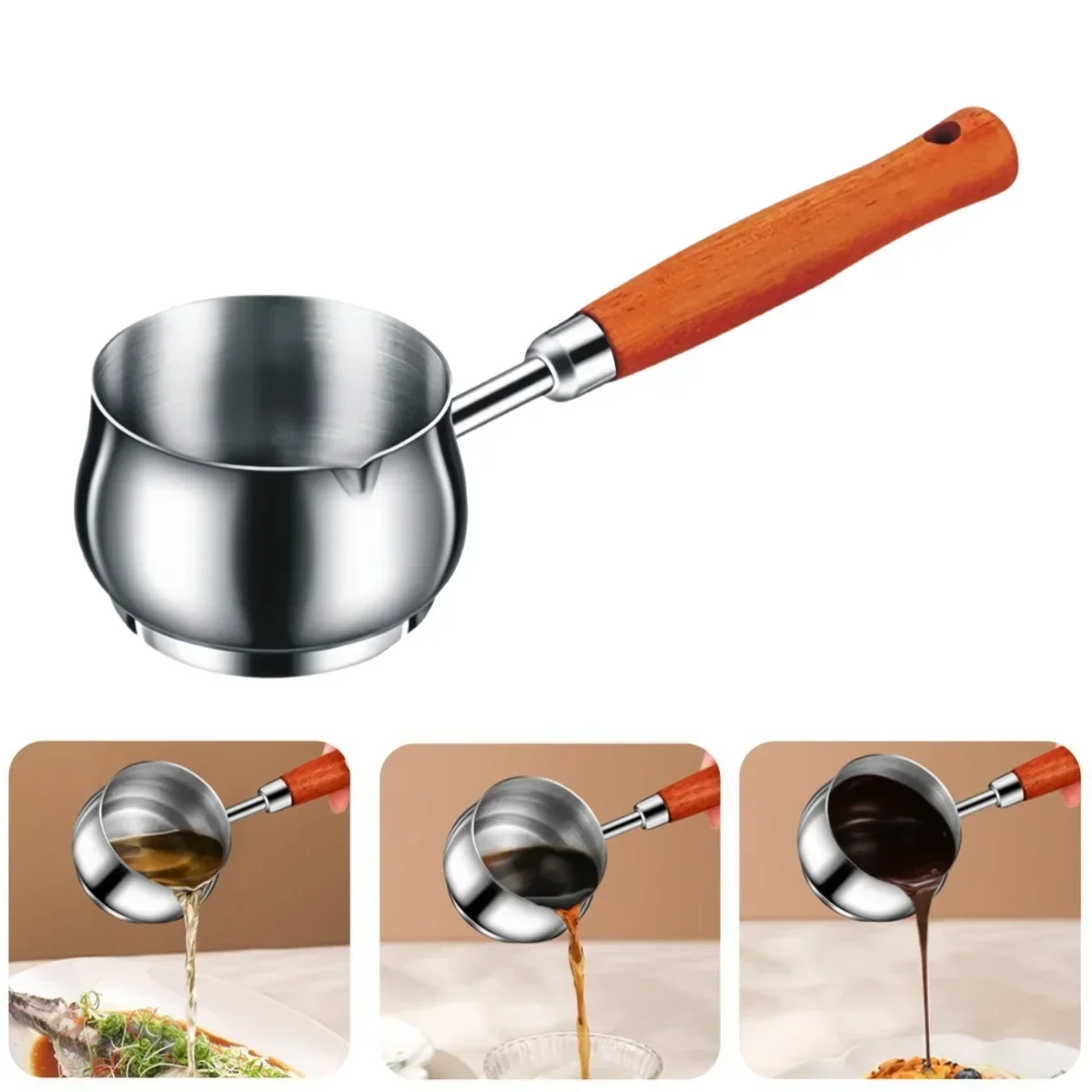 

Stainless Steel Milk Pot Oil Pan Small Pot Saucepan Wood Handle Long Handle Pot Butter Handmade Jug Heated Coffee Cookware