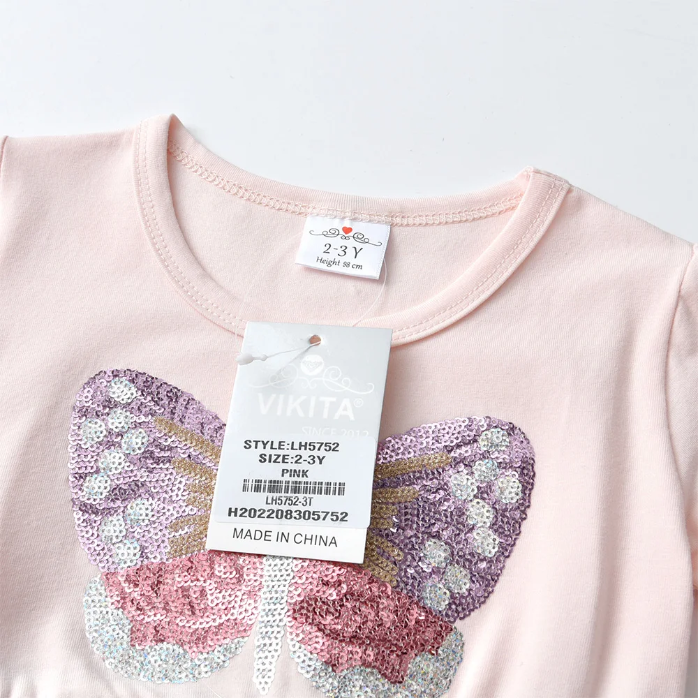 VIKITA Mädchen Langarm Herbst Frühling Kleid Kinder Schmetterling Pailletten Applizierte Glitzernde Bunte Stilvolle Baumwolle Freizeitkleider – Detail 3