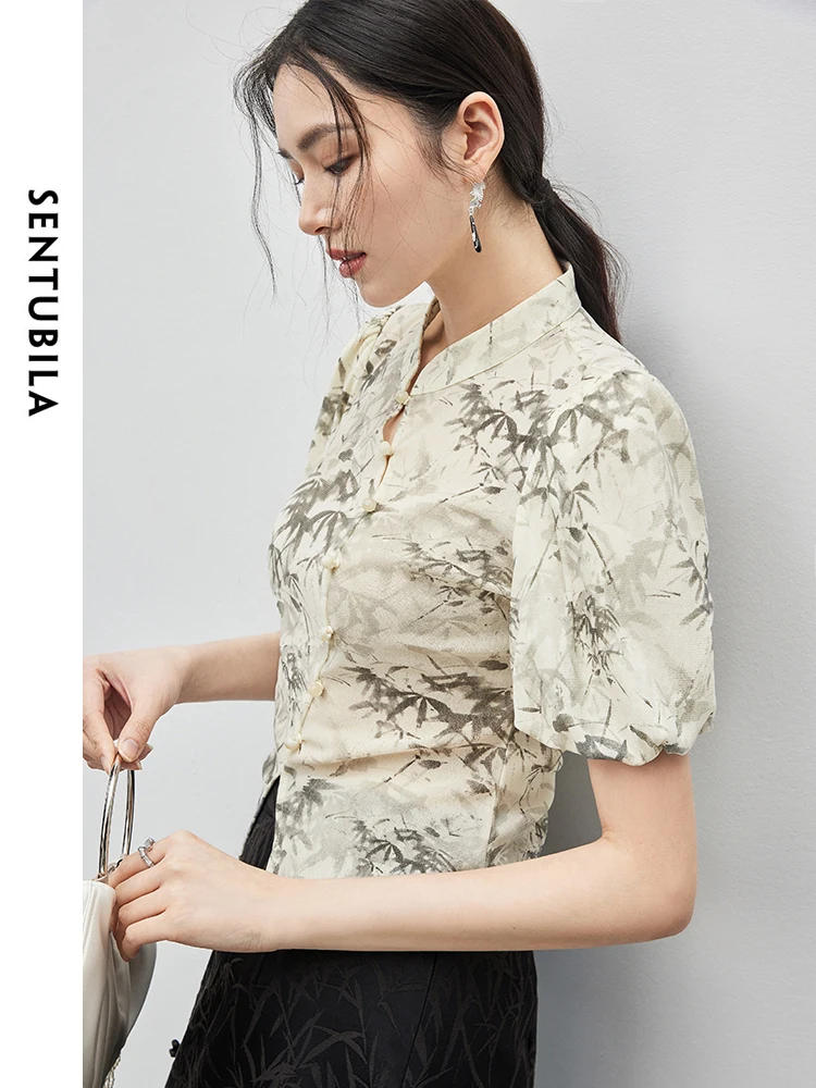 SENTUBILA Chinese Stijl Gedrukt Cropped T-shirt 2025 Zomer Stand Kraag Split Slanke Elegante Bladerdeeg Mouw Vrouwen Tops 142T54612