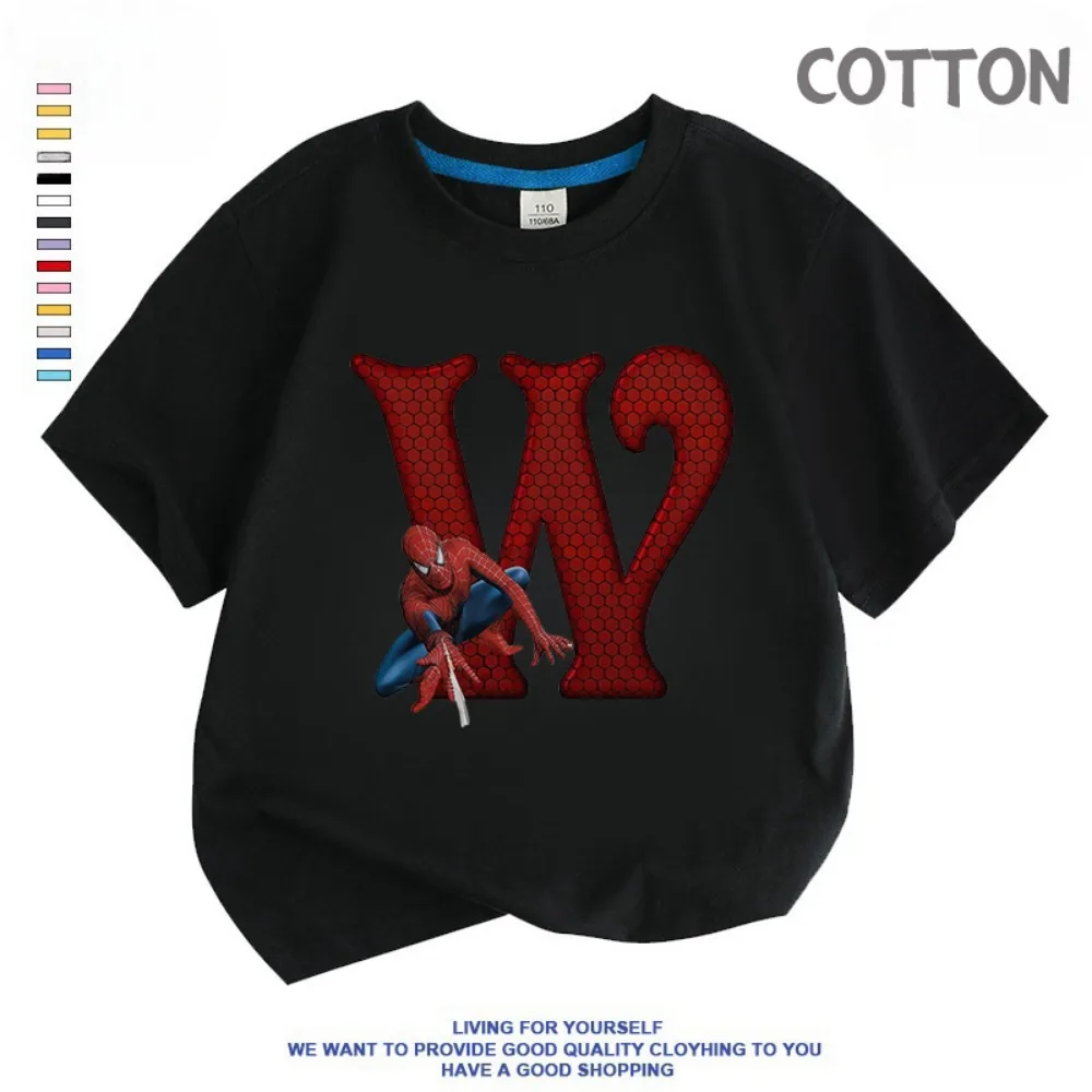 Black Marvels SpiderMan Letter Children T-Shirt Girl Boy A-Z Fashion Cartoons Clothes Kid Tee Shirts Cotton Baby Casual Top