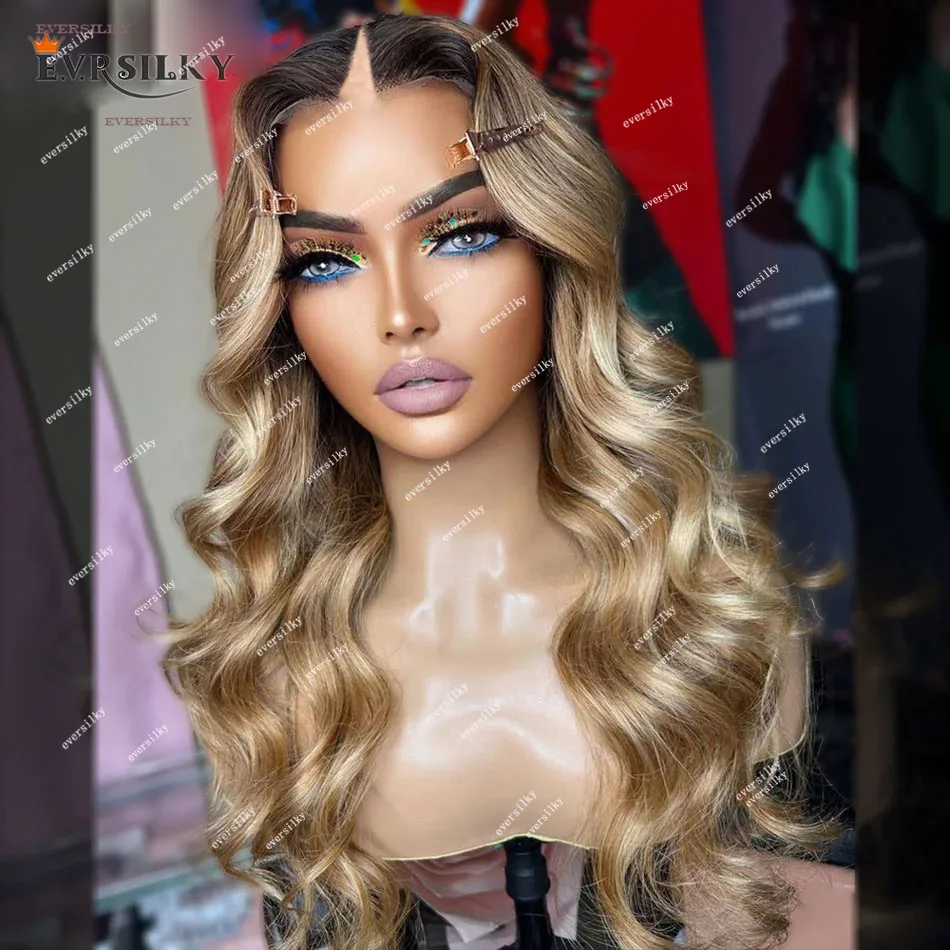 

Body Wave Ombre Cool Honey Blonde Bown V Part Wig 100% Human Hair Glueless Machine Made Easy Install U Shape Remy Hair Wigs 250%