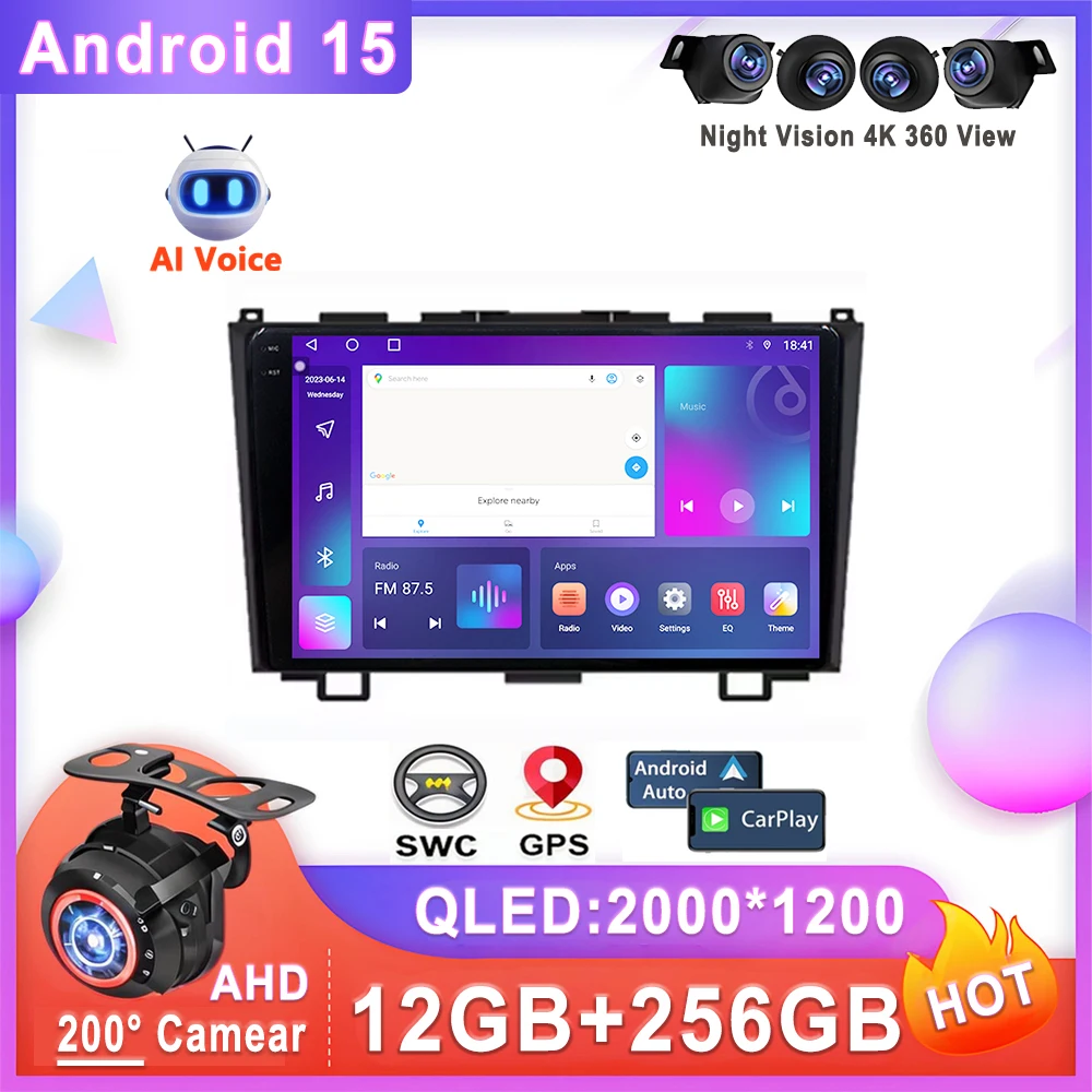 Car Android 15 Auto Radio  For Honda CR-V 3 RE CRV 2007-2011 Multimedia Player Stereo Head Unit No 2din DVD QLED Screen 2K 5G BT