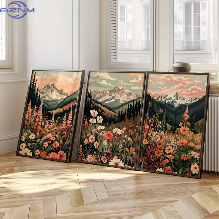 3pcs Bohemian Sunset Mountain Landscape Art Prints - Vibrant Wildflower & Alpine Scene Posters, Frameless Canvas Wall Decor for