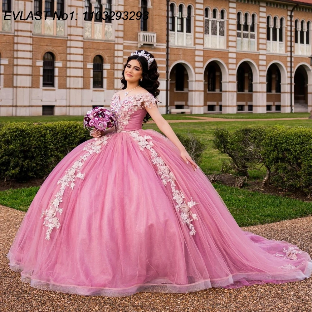 

EVLAST Роскошное розовое бальное платье по индивидуальному заказу Платье Quinceanera 3D Floal Аппликация Корсет с бисером Sweet 16, Vestidos De 15 Anos E1Q734