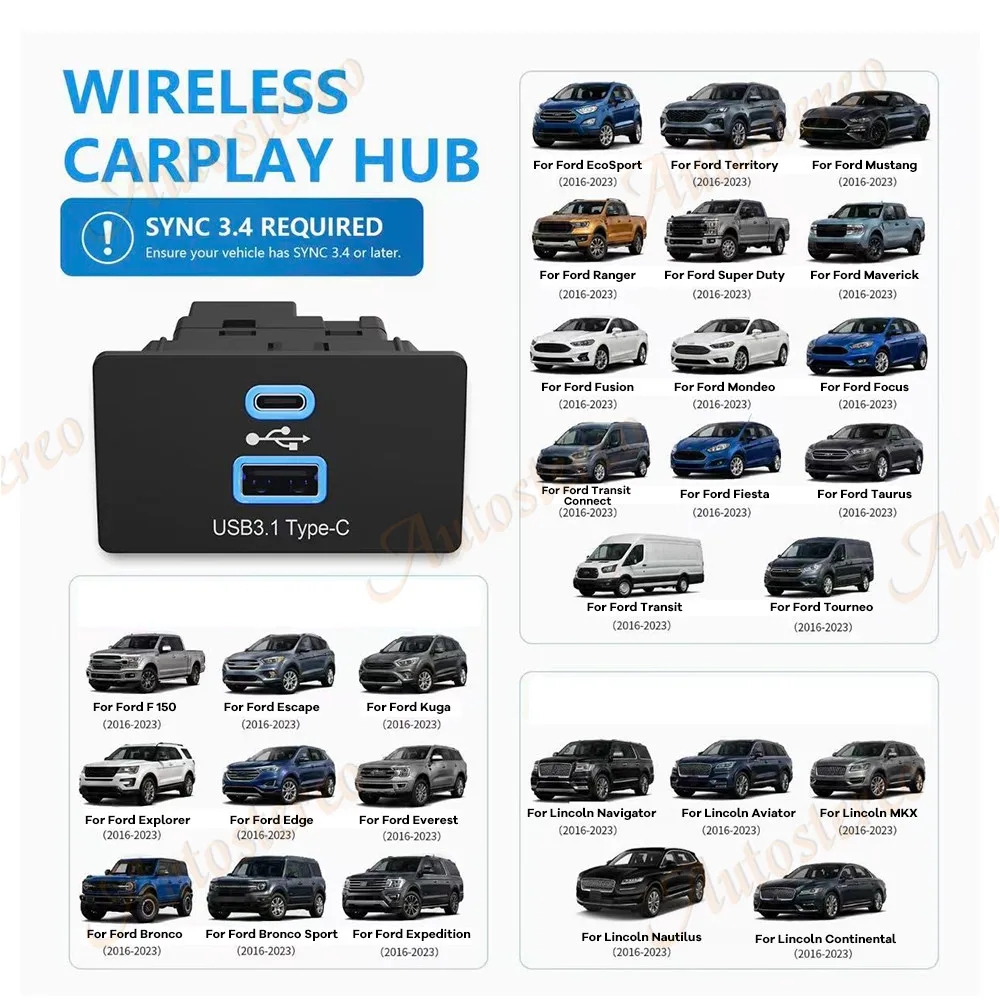 Wireless CarPlay Android Auto USB HUB Auto For Ford Lincoln 2016-2023 SYNC3.4 PD Fast Charging Adapter Connectivity Type C