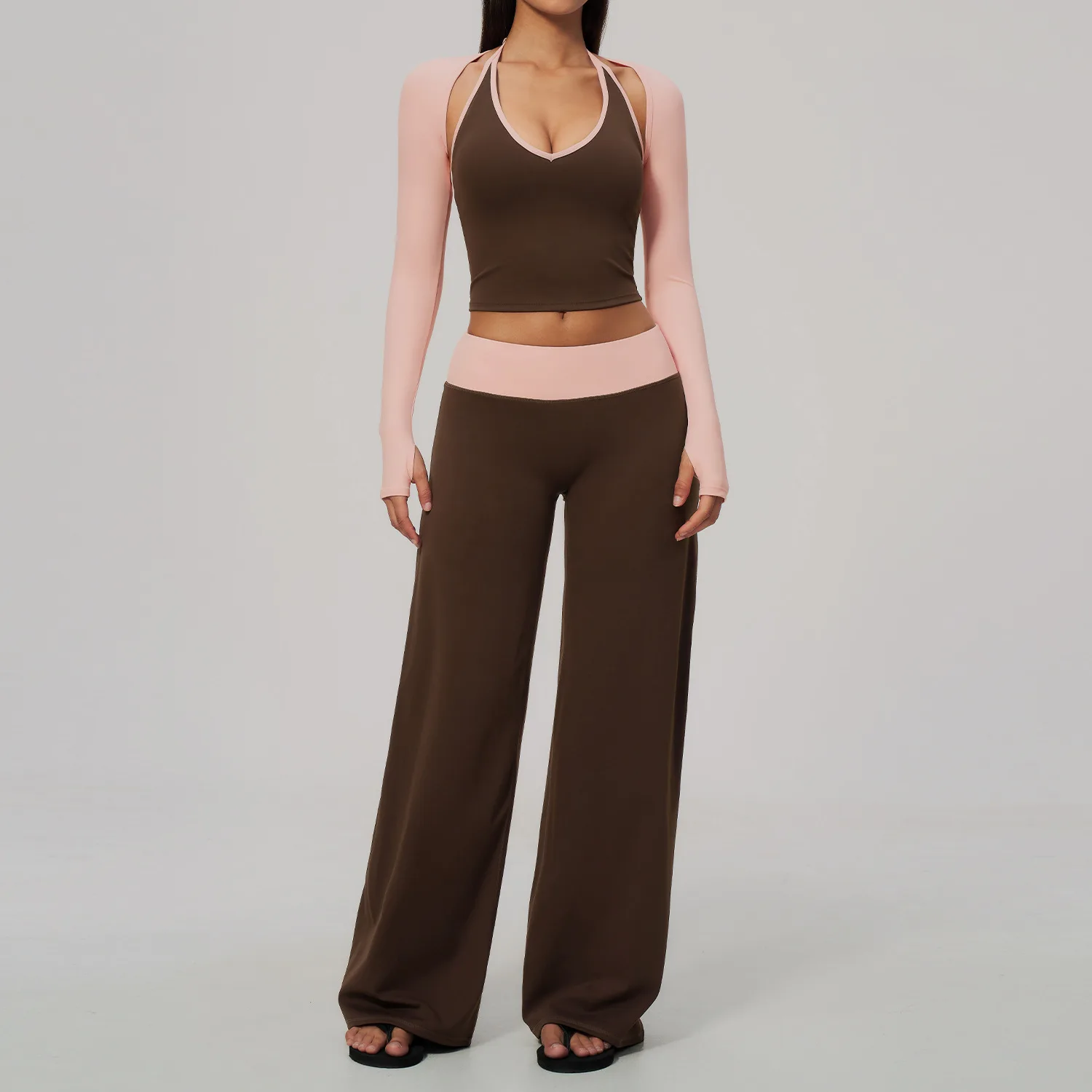 Contrast Color 3pcs Yoga Sets Halter Sports Vest Long Sleeve Top High Waist Wide Leg Trousers Hip Lifting Workout Running Suit