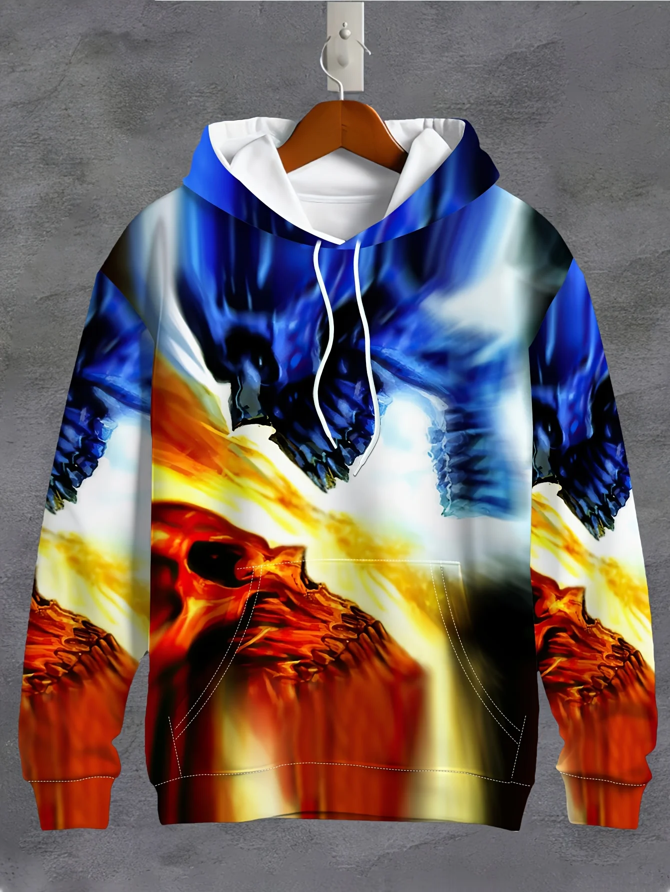 Men Blue Eagle And Red Skull Flame 3D Full Print Hoodie Long Sleeve Gothic Street Pullover Sweatshirt