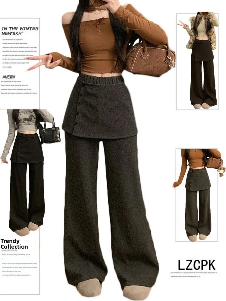 

Ele повседневные брюки с высокой талией, женские свободные прямые леггинсы, искусственный дизайн из двух предметов, осень-зима, новинка, универсальные свободные брюки...