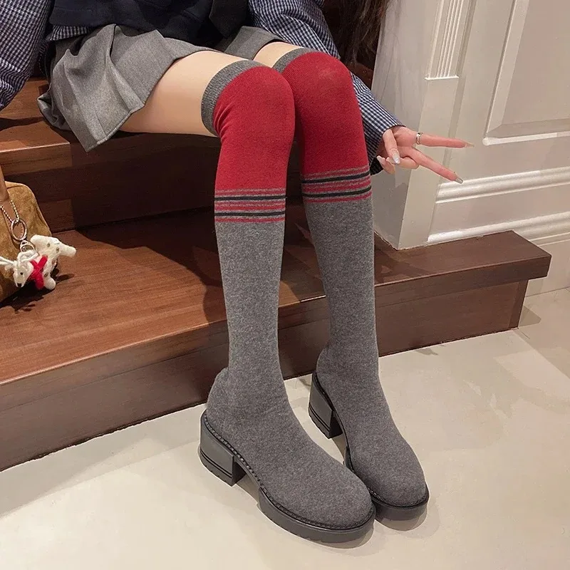 Women's Shoes High Boots Autumn Winter Woman Over-the-knee Long Stocking Elastic Socks New Rock High Heel Round Toe Chunky Black