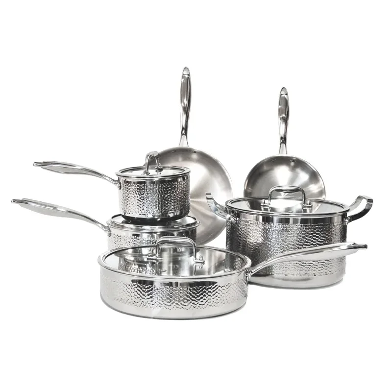 

Three layers, steel hammer pattern, set, pots and pans, non stick pans, uncoated, soup pots, kitchen.