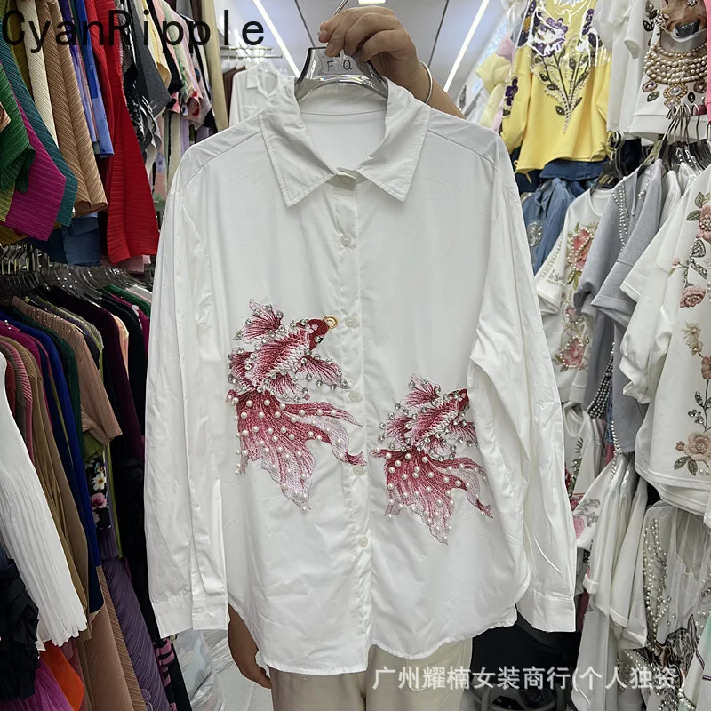 Trendy New Spring Autumn Long Sleeve Women Shirts Diamonds Beads Loose Cardigans Top Elegant Turn-down Collar Mid-long Blouses