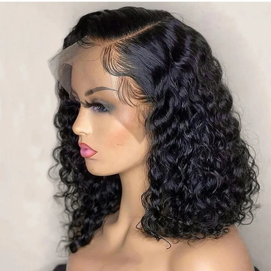 Curly Short 100% Human Hair Wig 200% Density Deep Wave Bob Wigs 13×4 Lace Front Black Brazilian Remy Wig for Women 12 14 Inch