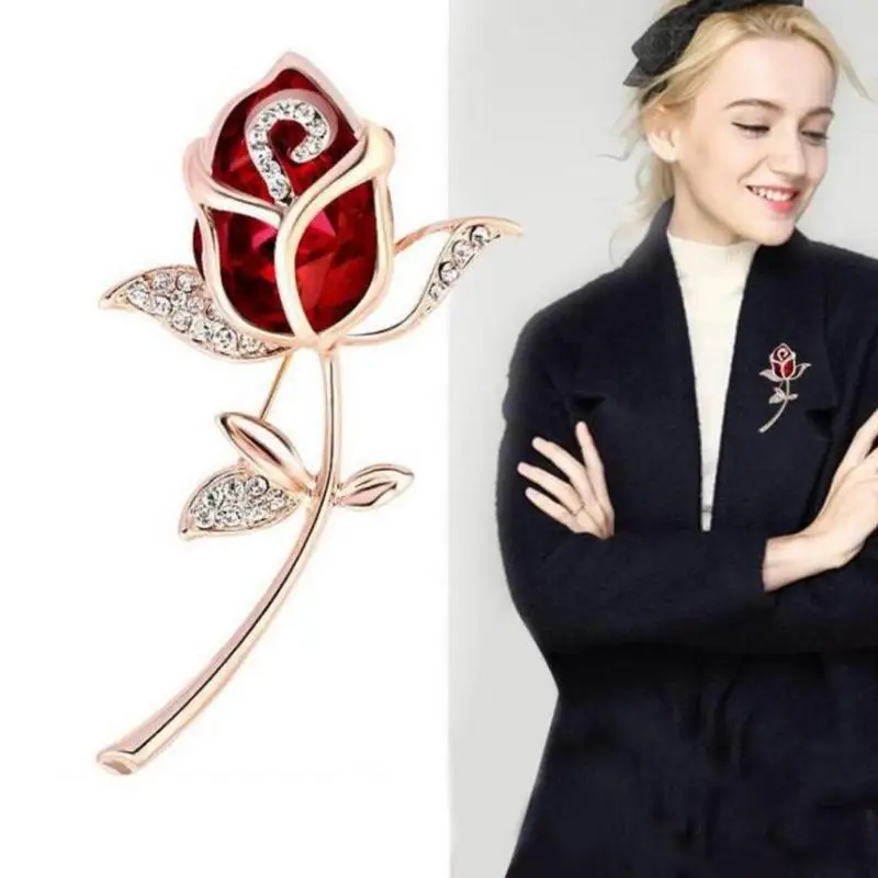 1Pc Fashion Women's Rose Rhinestone Brooch Pin Elegant Gold Plated Crystal Brooch for Women