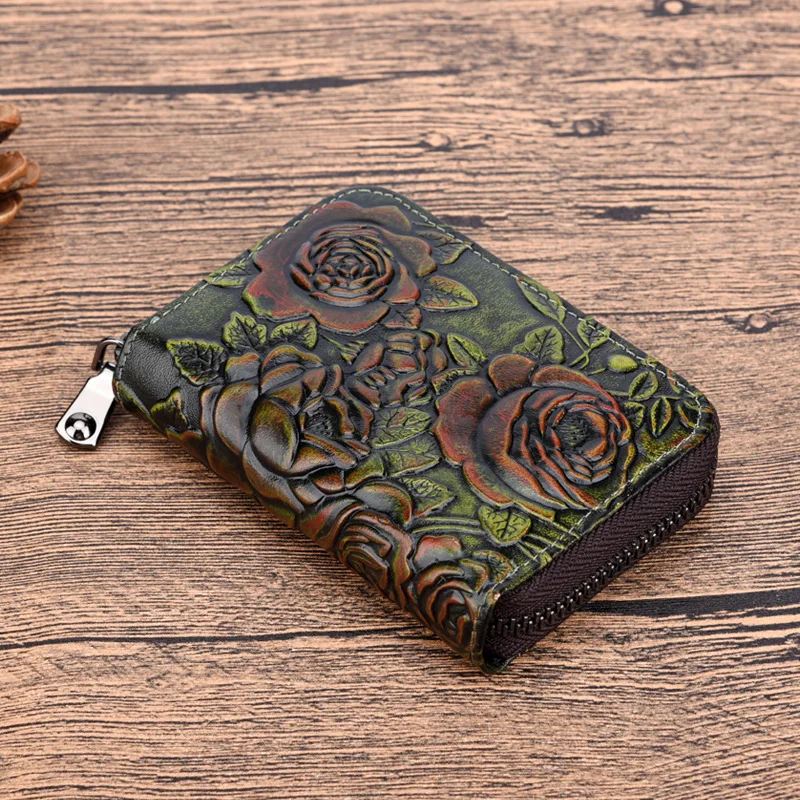 

Genuine Leather Women Wallet Long Clutch Handy Bag Printing Rose flower Female Lady Card Holder Retro Money Clips Purse