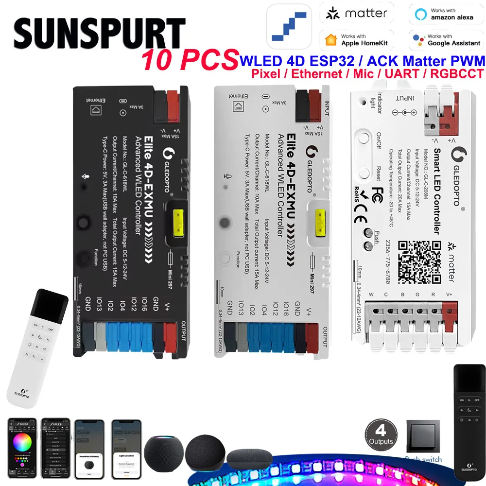 10ACK Matter LED Controller Intelligent Smart RGBCCT Light Strip Controller 5V 12V 24V PWM & Elite Advanced WLED 618WL 4 Out SPI