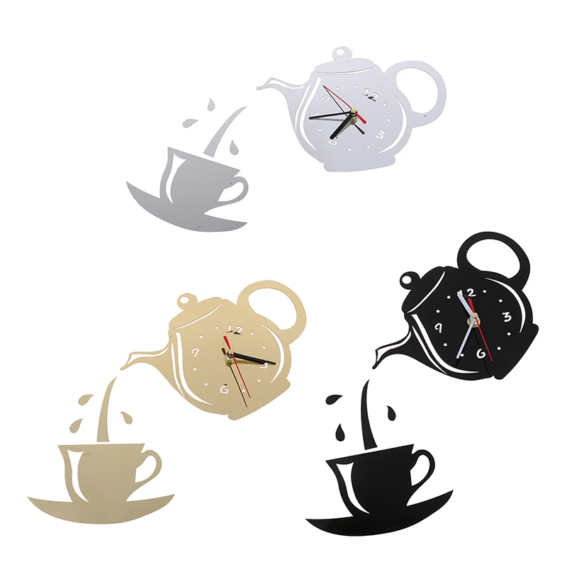 DIY Acrylic Coffee Cup Teapot 3D Wall Clock Decorative Kitchen Wall Clocks Decor