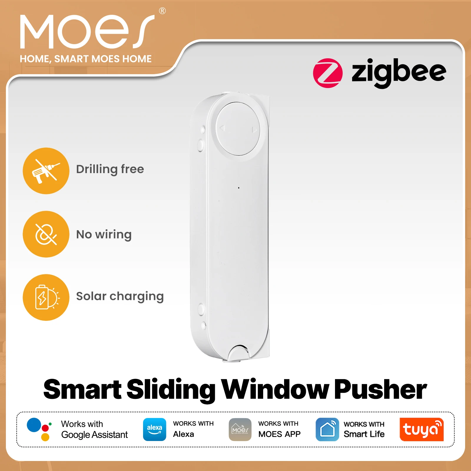 

MOES Tuya ZigBee Умный автоматический открыватель/закрыватель раздвижных окон с солнечной зарядкой, управление через приложение, совместим с Alexa и Google Home