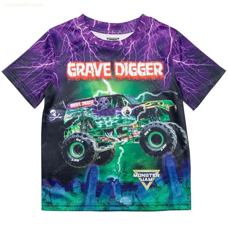 Monster Jam Grave Digger Kids T-Shirt Full Print Monster Truck Graphic Short Sleeve Tee Breathable Casual Top for Boys DailyWear