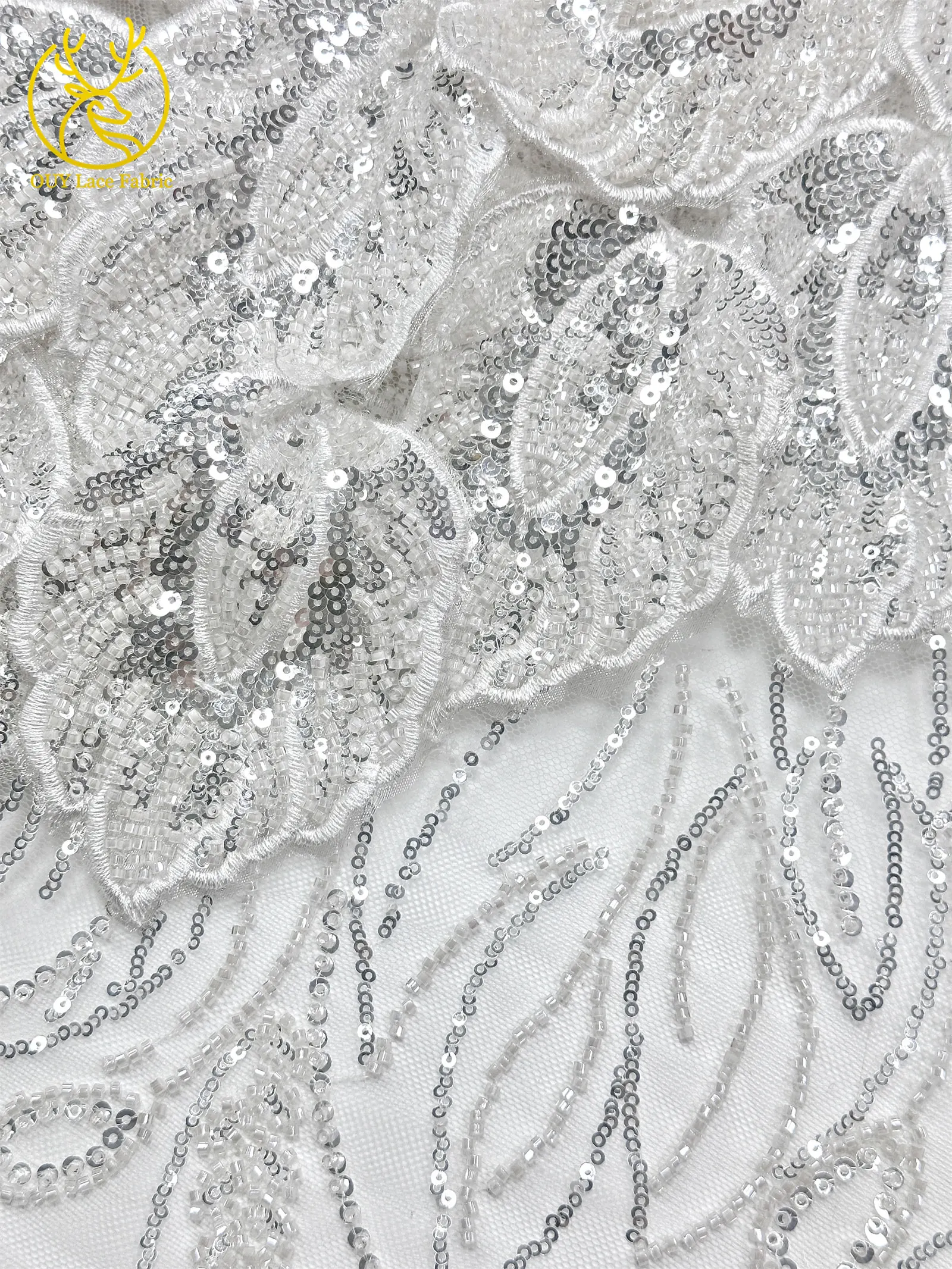 Nigerianischer 3D-Stickerei-Blatt-Spitzenstoff 5 Yards Afrikanische DIY-Stickerei Perlen-Pailletten-Spitze Tüll-Netzspitze Damen-Abendkleid – Detail 14