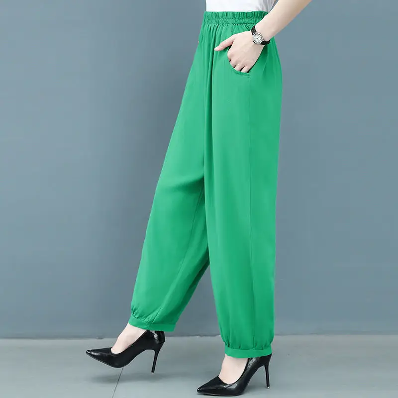 Spring Summer Thin Solid Bloomers Pants Big Size All-match Elastic Band High Waist Loose Women Fashion Casual Wide Leg Trousers