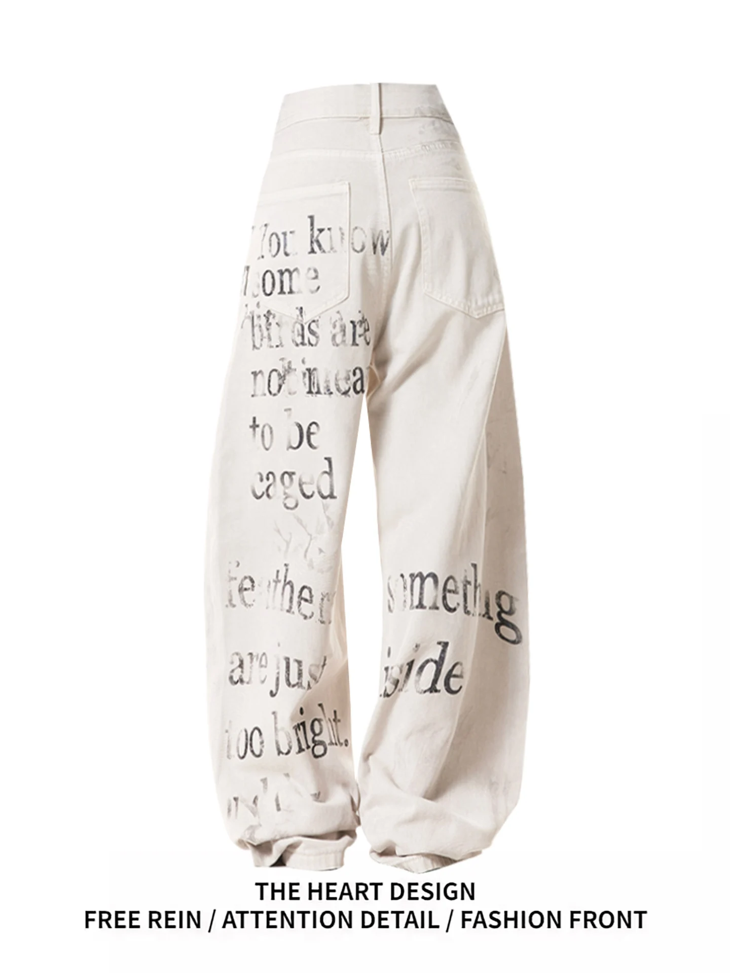 

Retro American fiti Denim Jeans Women's High Waist Wide Leg Pants Letter Print Worn Look Straight Cut Casual Trousers