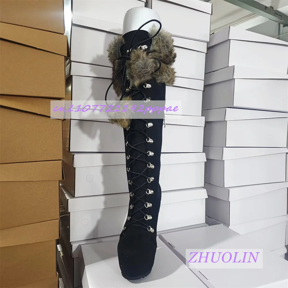 Women'S Black Suede Pom-Pom Knee-High Boots Fashion Stiletto Heel Cross Lace-Up Non-Slip Gladiator Boots Winter Furry Long Boots
