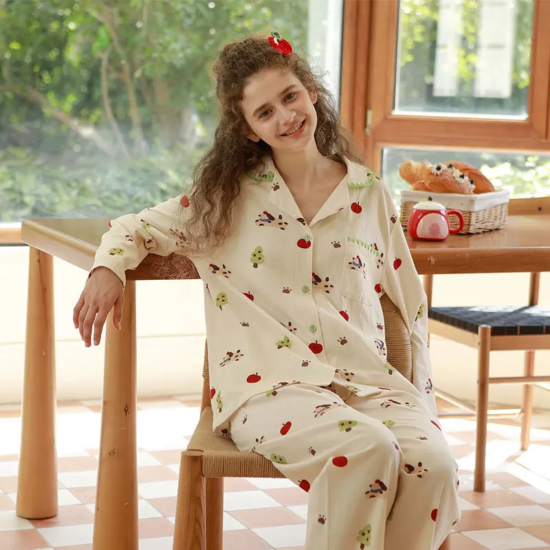 

Women's Cotton Pajama Set Autumn Cartoon Print Sleepwear 2 Piece Button Up Pjs with Scalloped Collar Cute Home Clothes