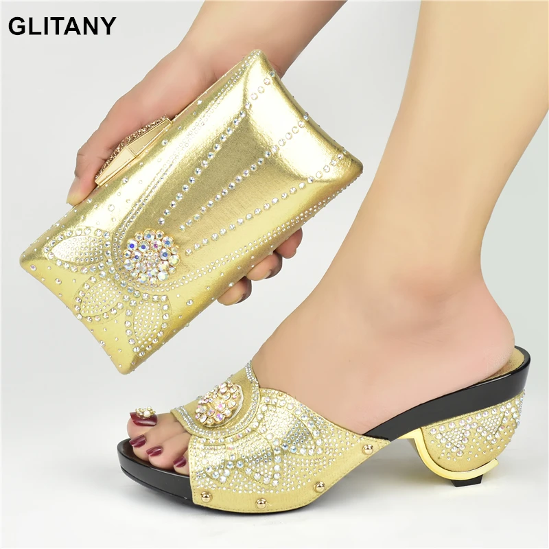 

New Arrival Gold Color Sales In Women Matching Shoes and Bag Sets Decorated with Rhinestone Nigerian Women Shoes and Bag Sets