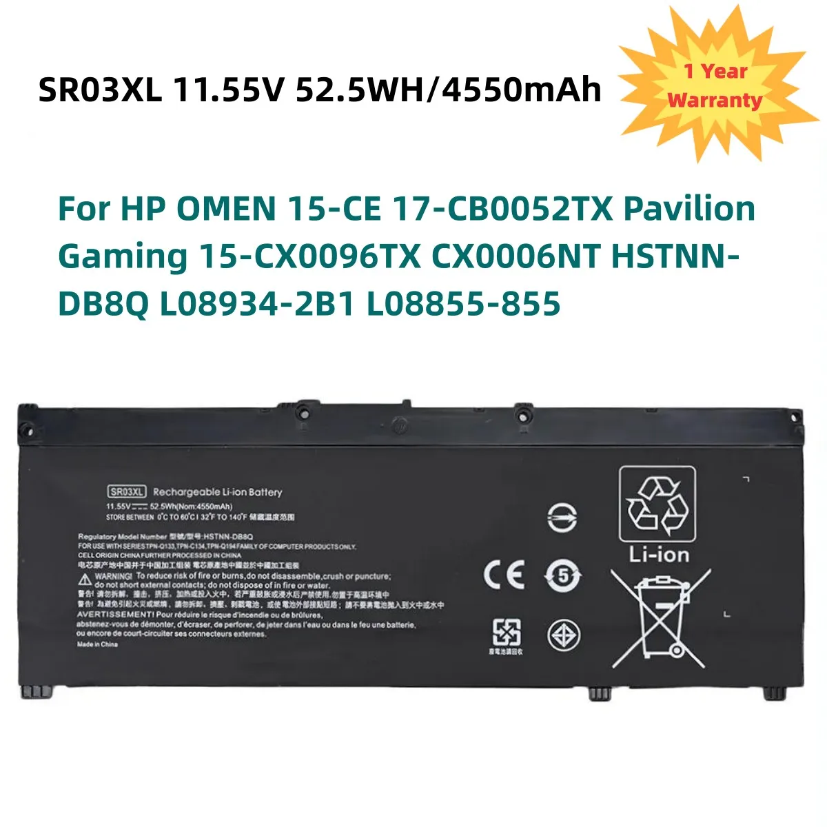 

11.55V 52.5WH SR03XL Battery For HP OMEN 15-CE 17-CB0052TX Pavilion Gaming 15-CX0096TX CX0006NT HSTNN-DB8Q L08934-2B1 L08855-855