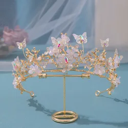 KMVEXO Baroque Butterfly Pearl Crystal AB Crown Tiara Rhinestone Hairband Wedding Hair Accessories Princess Bridal Headpieces