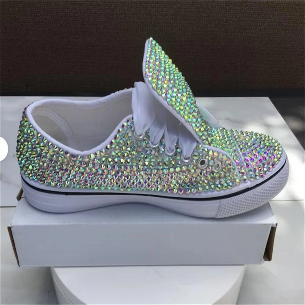 White low top color rhinestone ribbon custom style canvas shoes integrated sports casual shoes women\'s shoes 35-46