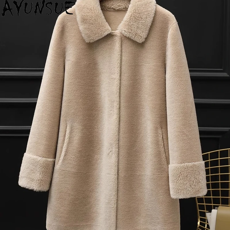 معطف صوف 100% من AYUNSUE للنساء 2025 جاكيت شيرلينغ من الأغنام الحقيقي ملابس شتوية للسيدات من الفرو المركب pallltt Жengarskie متوسط الطول