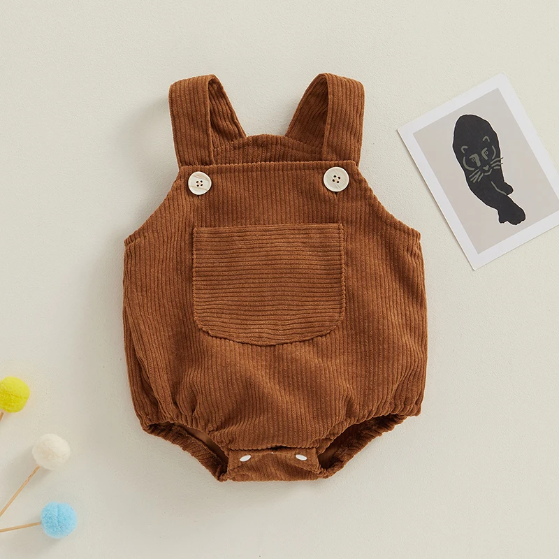 Newborn Baby Girls Boys Corduroy Rompers Solid Color Pocket Sleeveless Straps Jumpsuits Clothes Summer Baby Overalls Clothing