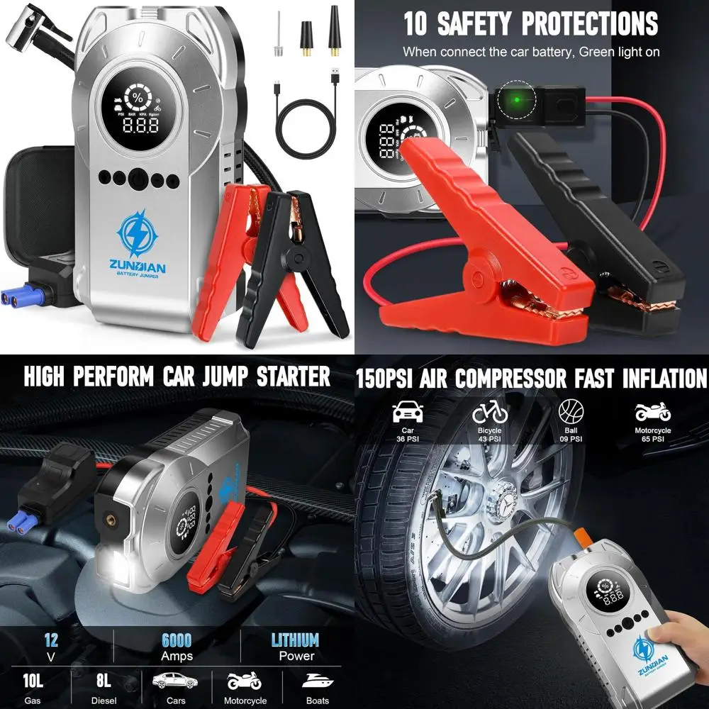 

Стартер 6000А, обновленный 2025 г., автомобильный стартер с воздушным компрессором, портативный аккумулятор 150 фунтов на квадратный дюйм (10,0 л газ/8,0 л дизель), 12