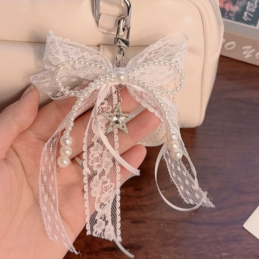 Lace Bow Sparkling Star Keychain New Exquisite Sweet Ballet Ribbon White Ribbon Keychain Hand-held Charter Key Accessories Gift