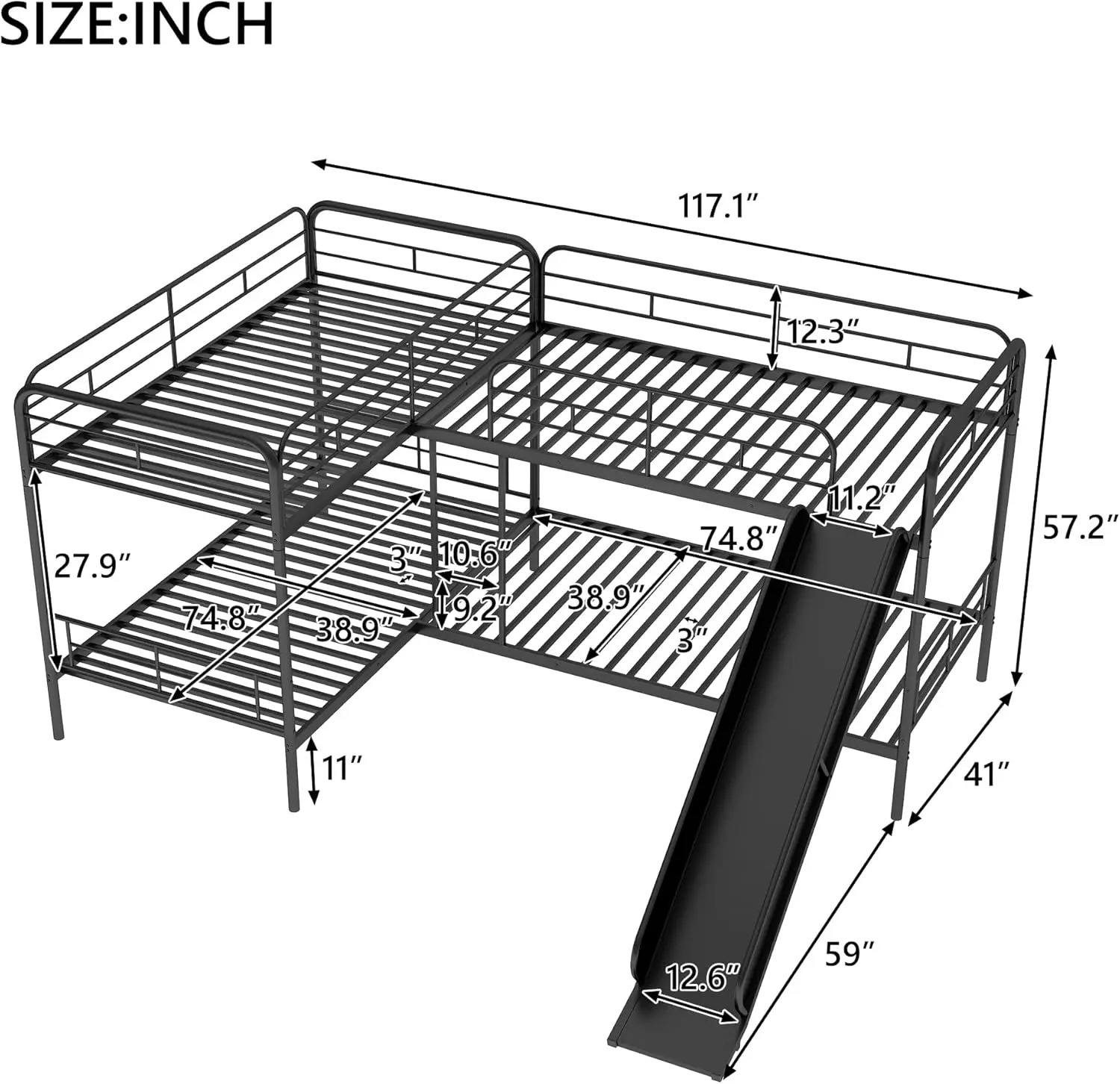 Quad Bunk Bed With Slide, L Shaped Bunk Bed For 4, Twin Over Twin Metal Bunk Frame For Kids Teens Girls Boys (Black)