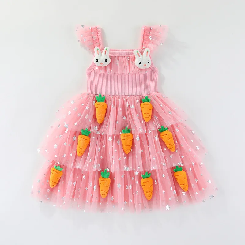 2026 Cute Rabbits Cherry Stars Pendant Cake Dress US Independence Day Children's Flying Sleeve Princess Dress Summer
