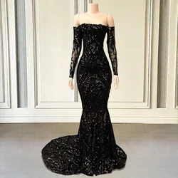 Off Shoulder Mermaid Prom Dresses Black 2023 Long Sleeve Sequined Sparkle Elegant Formal Evening Gala Gowns Plus Size