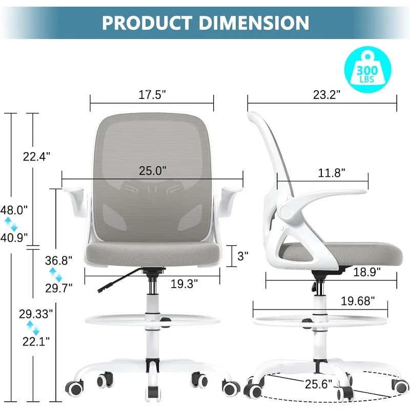 Tall Drafting Chair with Footrest Ring for Home and Work, Ergonomic Home Desk Office Chair with Flip up Arms and Lumbar