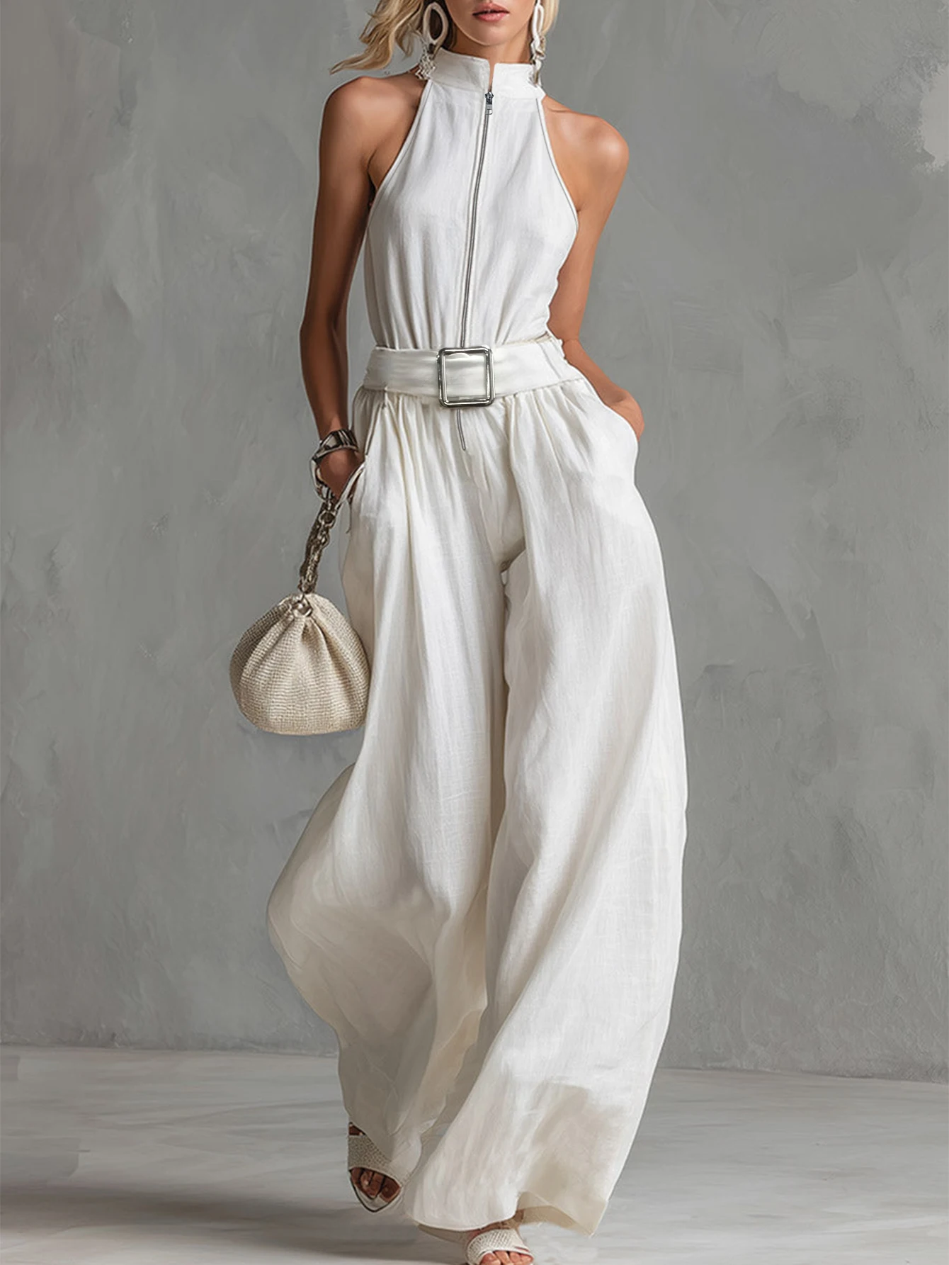 Ärmelloser Damen-Jumpsuit mit Reißverschluss am Bund, Hochgeschnittene Weite Hose, Geeignet für Urlaub und Freizeit – Detail 1
