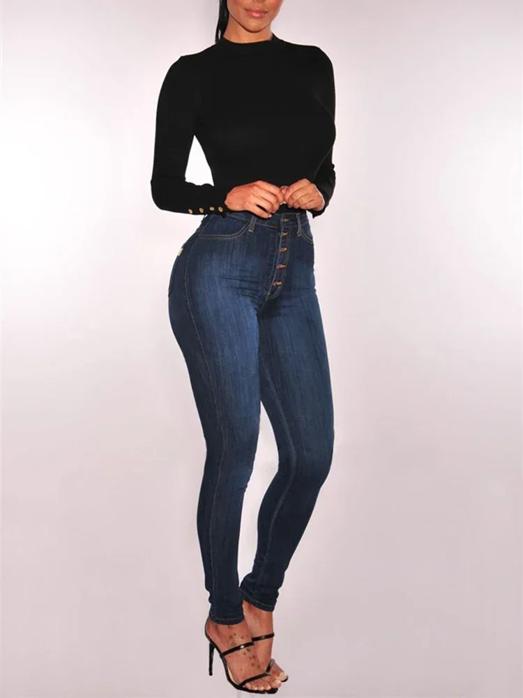 Kobiety Wysoka talia Rozciągliwe Skinny Jeans Lady Vintage Button Slim Pencil Długie spodnie Casualowe wąskie proste nogawki Wrap Hips Spodnie