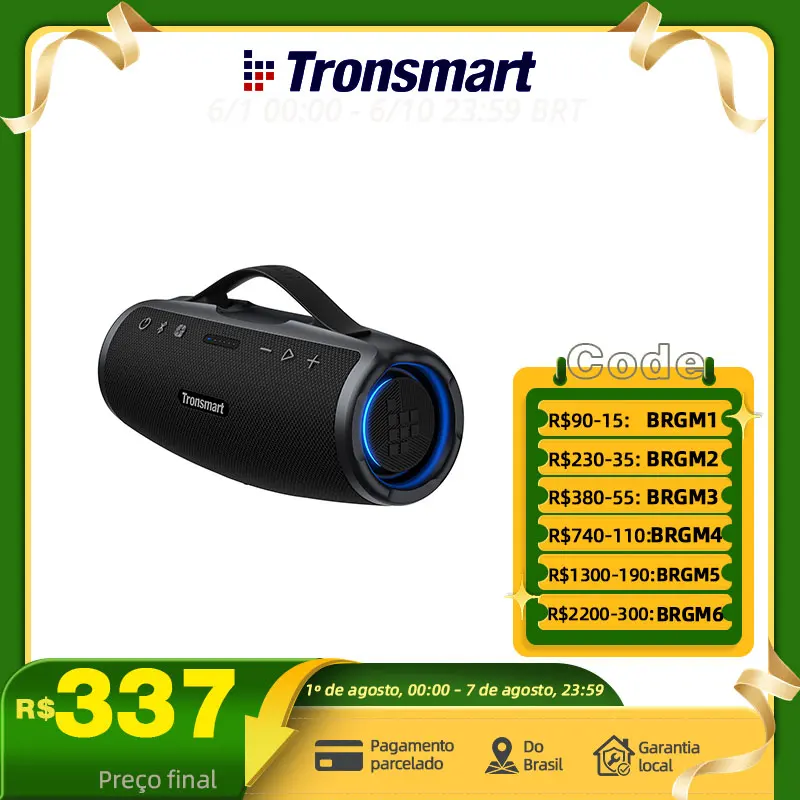 Tronsmart caixa de som Mirtune S100 com 50W, caixa de som bluetooth IPX7 à prova d'água, alça retrátil, Powerbank integrado