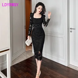 Women 2022 spring new light ripe temperament square neck slender lace dress Office Lady Zippers