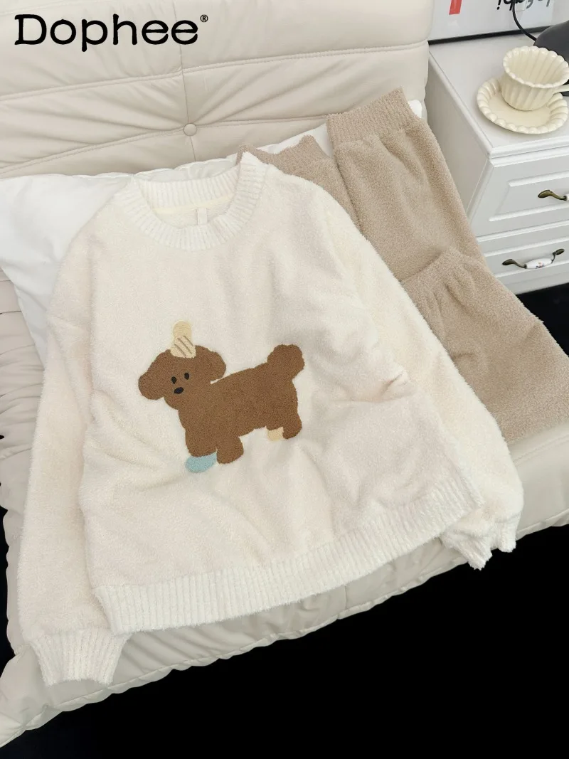 

Japanese Style Ins Cute Puppy Warm Thin Velvet Pajamas Sweet Girl 2025 Autumn Winter New Thickened Homewear Set