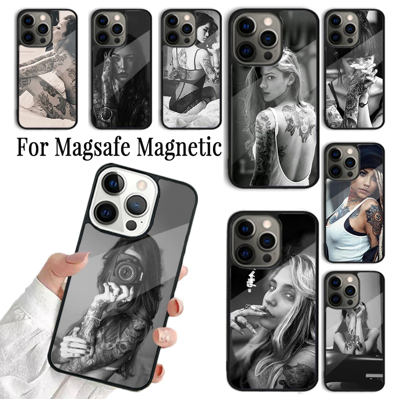 

Coque Phone Case For iPhone 16 15 14 13 12 Mini 11 Pro Max Plus Magsafe Magnetic Wireless Charging Cover Sexy Tattoo Girl
