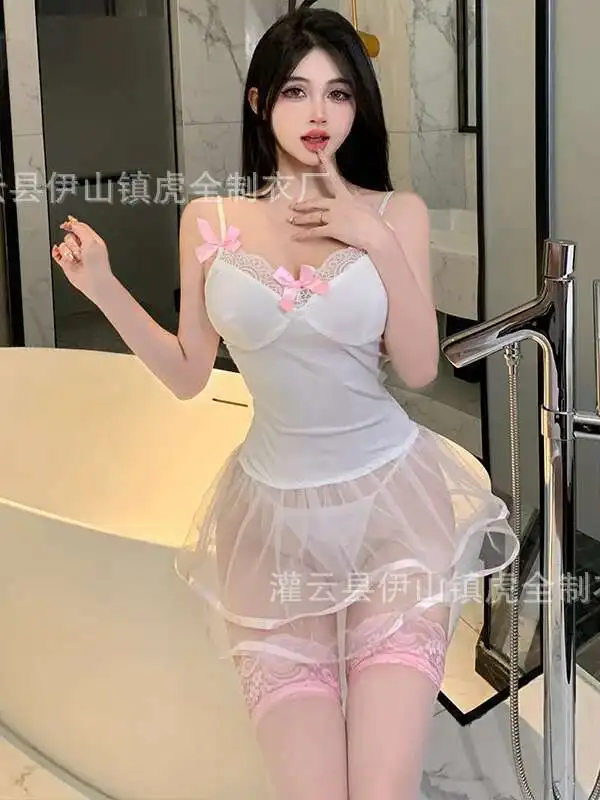 انظر من خلال فستان الدانتيل الأبيض المرأة مثير الملابس الداخلية المثيرة موحدة تأثيري ملابس الوردي القوس الحلو مريحة حمالة لطيف 5SF6 #3