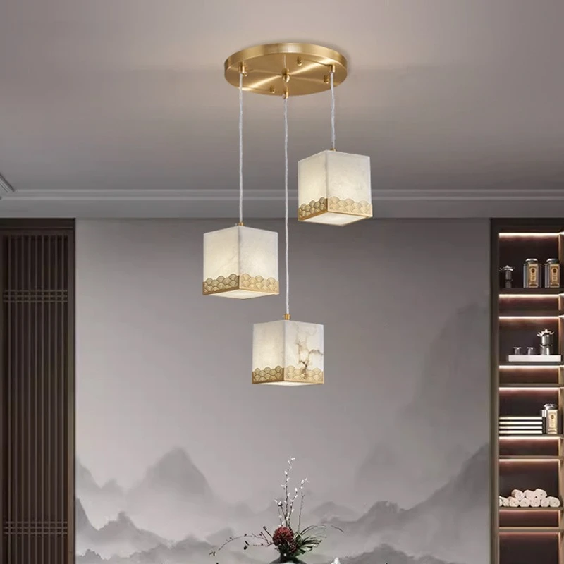 

Villa, stairs, long chandelier, all copper, marble, new Chinese style