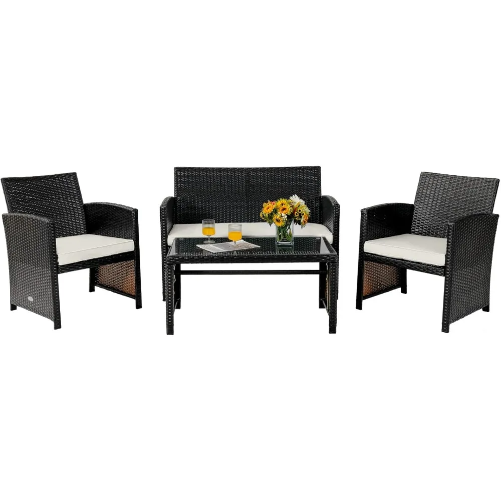

4 Piece Patio Furniture Set, Outdoor PE Rattan Wicker Sectional Sofa with Cushion and Coffee Table, Patio Conversation Sets for