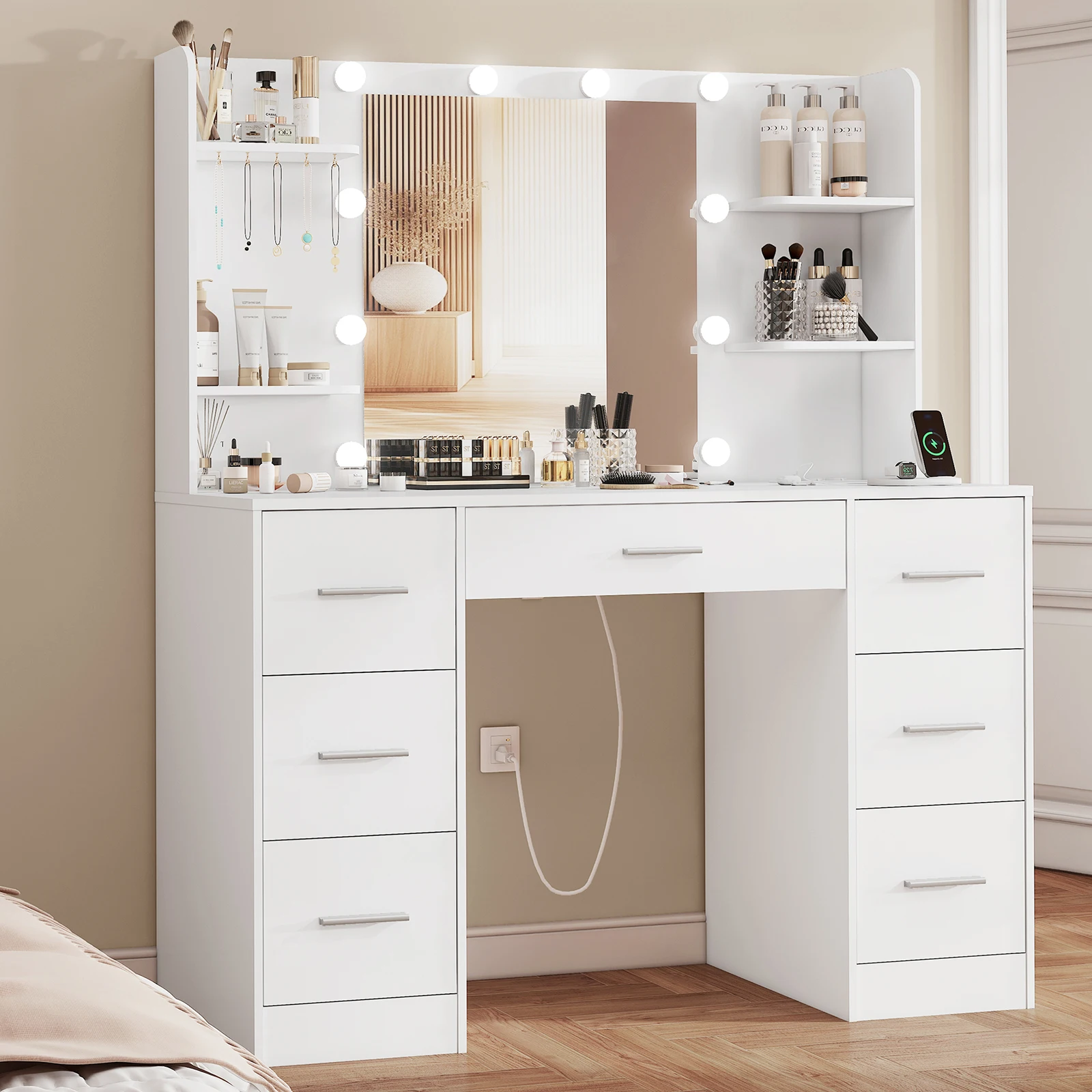 

Modern 7-Drawer Wood Dressing Table with Light Factory Wholesale for Bedroom Hotel or Apartmentpromote sales